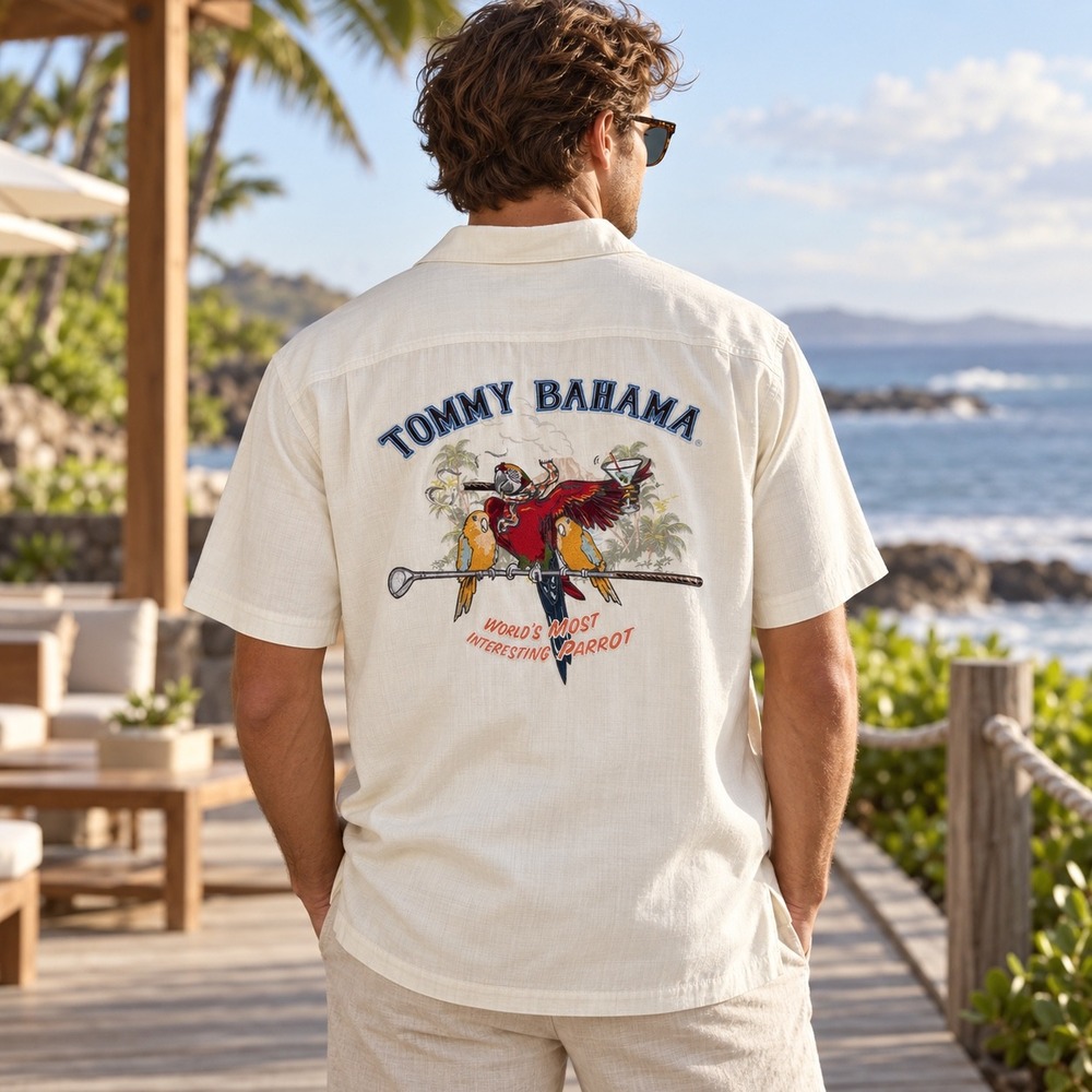 Tommy Bahama Button Up Shirt Mens M Cream Silk Parrot Embroidered Jacquard
